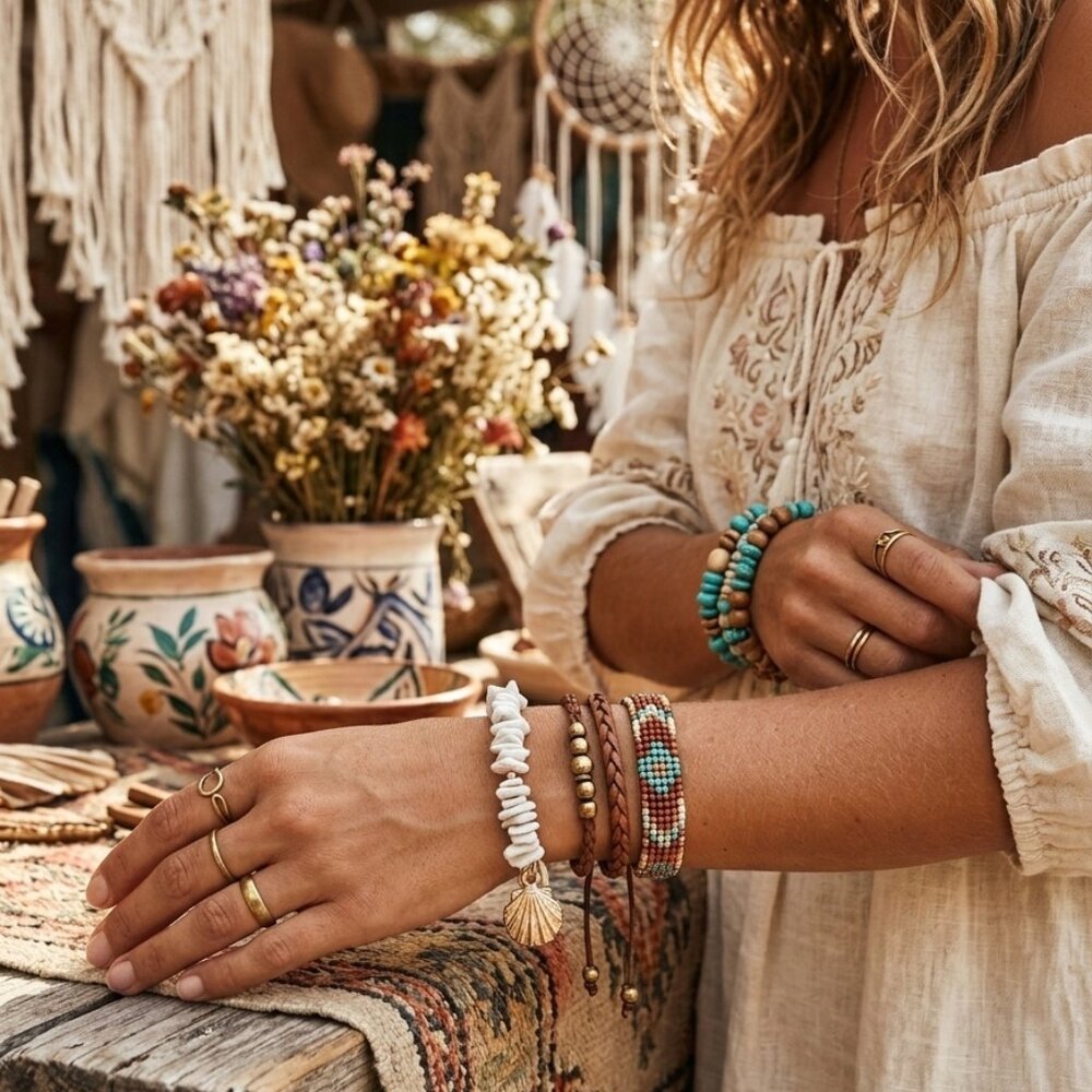 NEW Designs by Forte Shell & Gold Star Spacer Stretch Bracelet - Coastal Boho
